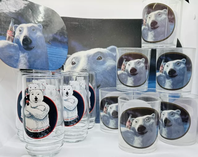 Vintage 1996-1997 Coca-Cola Polar Bear Glass, Cup, Placemat & Trivet Collection