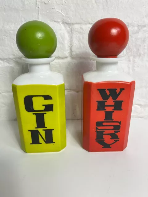 Late 1960s Two Milk Glass Decanters Lime Green Gin & Red Whisky Original Vintage