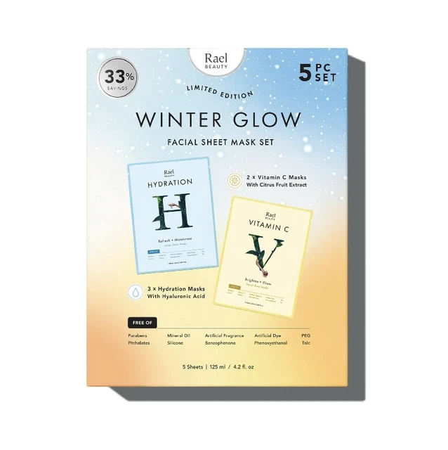 Rael Limited Edition Winter Glow Facial Sheet Mask Gift Set, 5 Count