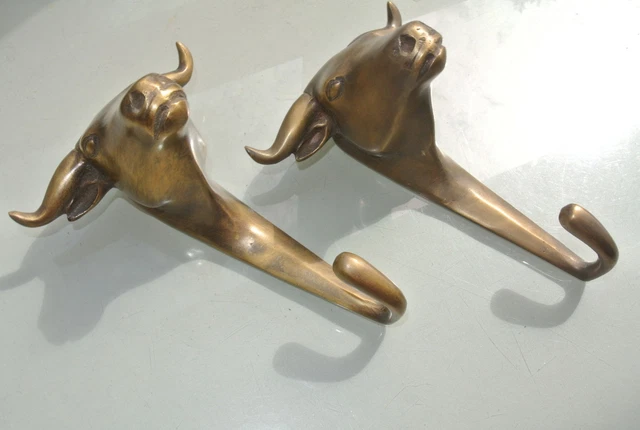 2 small BULL COAT HOOK solid aged old brass vintage old style 6" hook heavy B