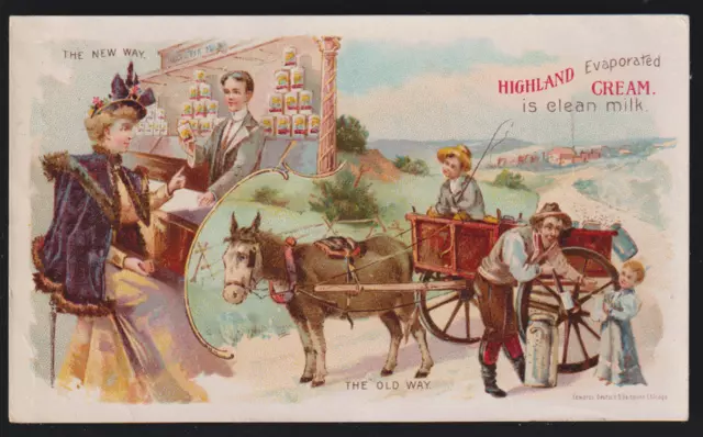 HIGHLAND EVAPORATED CREAM TRADE CARD the OLD WAY, NEW WAY, BEAUTIFUL SCENE  Z210