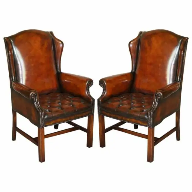 Luxury Pair Of Restored Hand Dyed Brown Leather Chesterfield Wingback Armchairs