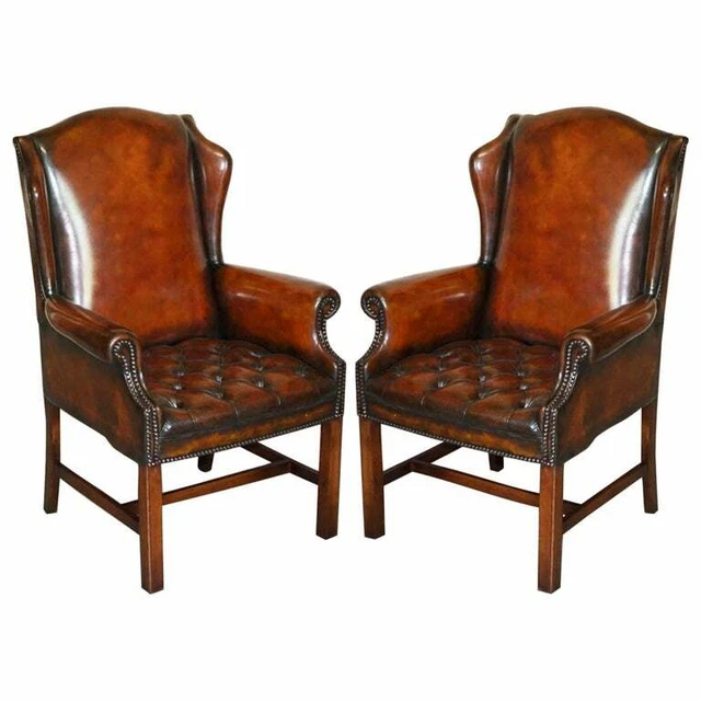 Luxury Pair Of Restored Hand Dyed Brown Leather Chesterfield Wingback Armchairs