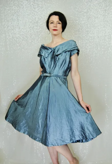 1940s 1950s Vintage Massar Original Icy Blue Shiny Silk Cocktail Dress Small Md