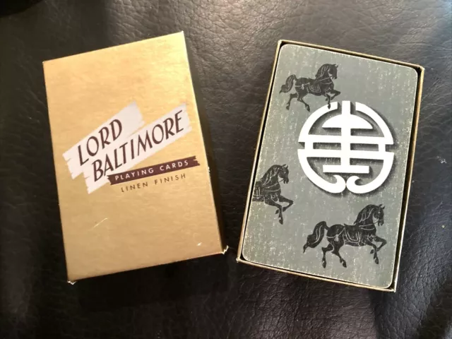 Vintage Lord Baltimore Playing Cards Linen Oriental Motif Box Lucky Horses Gray