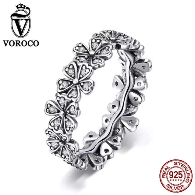 VOROCO 925 Sterling Silver Cluster Flower Band Rings With AAA CZ Thail Silver