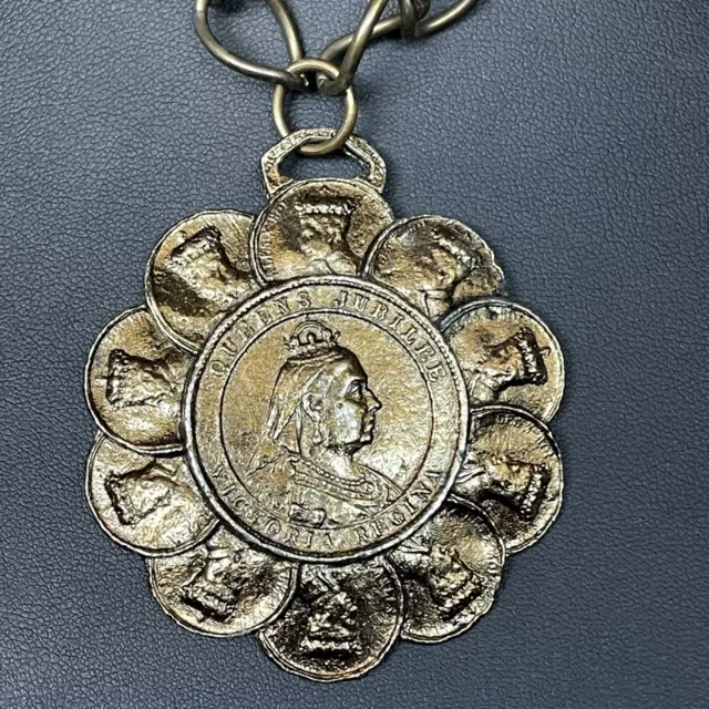 Queen Victoria Jubilee Coin Medallion Necklace Antiqued Bronze 60’s Collectible