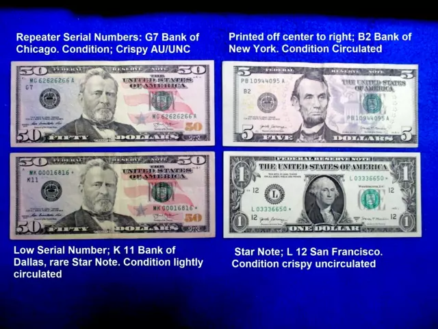 $50 Dollar Bill Star Note Low Ser#/ $5 Printed Off Center/$50 Repeater Serial#