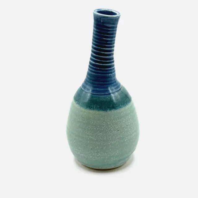 Hand Thrown Studio Art Pottery Signed JH Rustic Ceramic Blue Green Vase