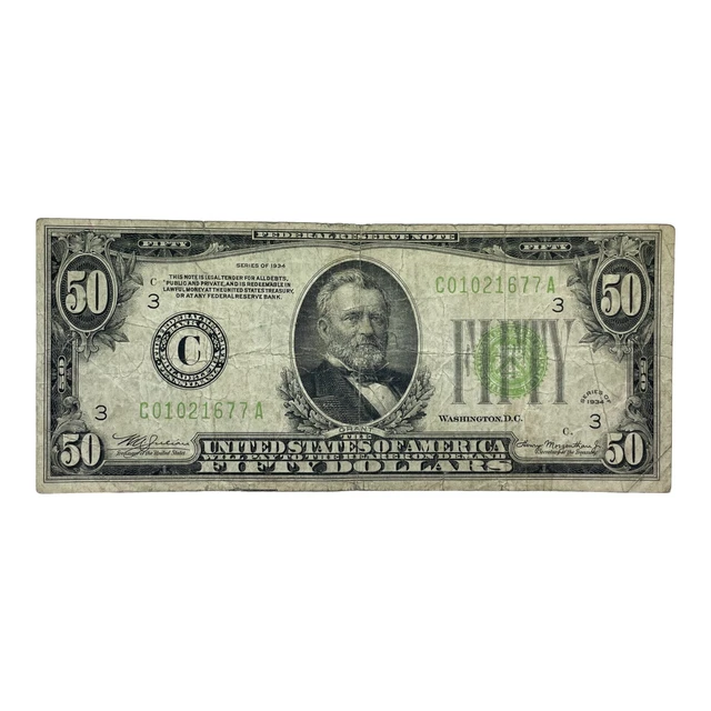 Series 1934 US $50 Bill Light Green Seal Serial #C01021677A Federal Bank Philly