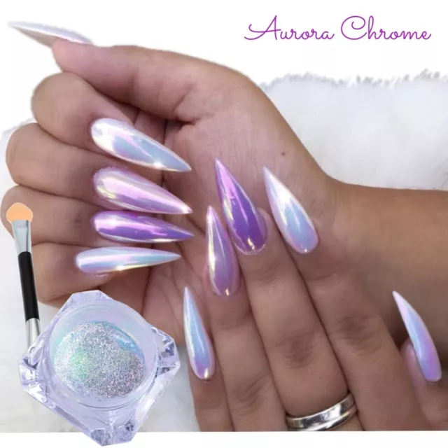 LICORNE CHROME poudre à ongles miroir blanc effet AURORA sirène arc-en-ciel cristal AB 3