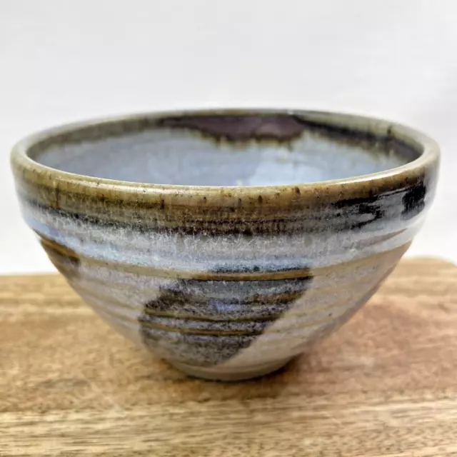 Small Studio Pottery Bowl Australian Signed Blue Brown Ribbed Leaf Design 13x8cm