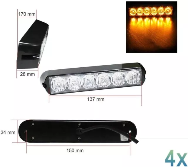 6 LED Amber Car Recovery Strobe Flashing Light X4 Warning Breakdown Grill 12-24V