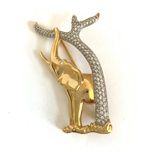 Swarovski Gold-tone Elephant Brooch w/Clear Crystals, Trunk Grasping Tree, 2.5"