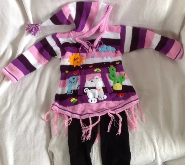 Hand knitted Alpaca Wool Children Sweater dress with fringes and 3D designs