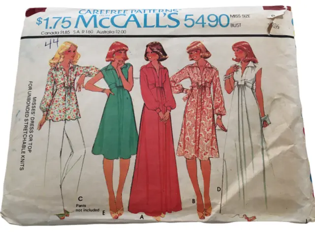 McCalls Sewing Pattern 5490 Dress or Top Shirt Casual Vintage 1970s 1977 Uncut