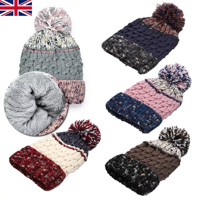 Cable Knit Beanie Hat Ski Pom Pom Bobble Woolly Chunky Winter Warm Thermal Band
