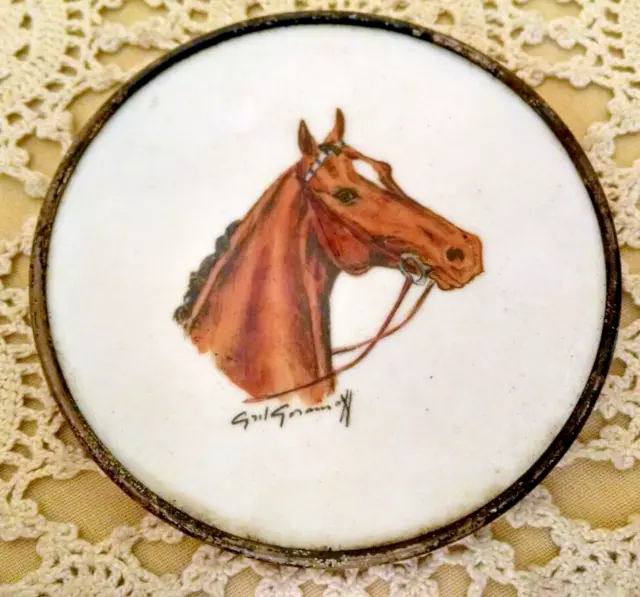 Horse Coaster Milk Glass Sterling Silver Rim Cyril Gorainoff Signed Hand Painted