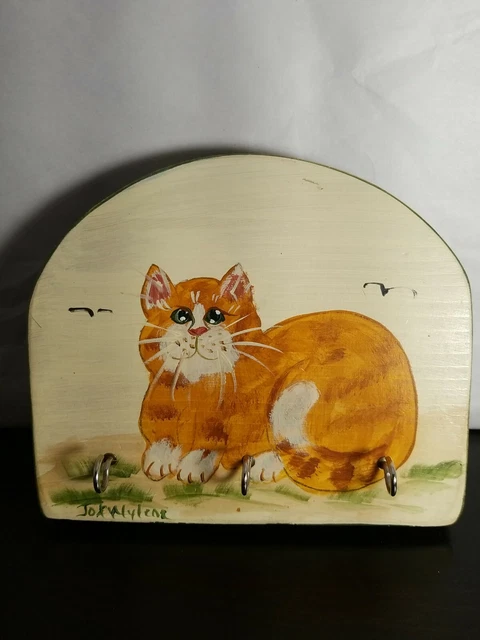 Hand Crafted Painted CAT Key Holder Wall 3 Hook Hanger  - Signed by the artist