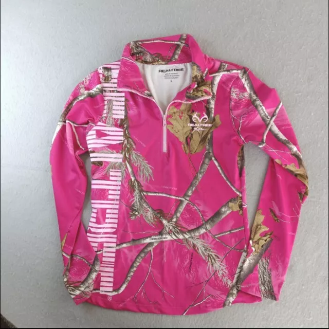 RealTree Pullover Women's Large Camo Pink 1/4 Long Sleeve Logo Athletic Shirt