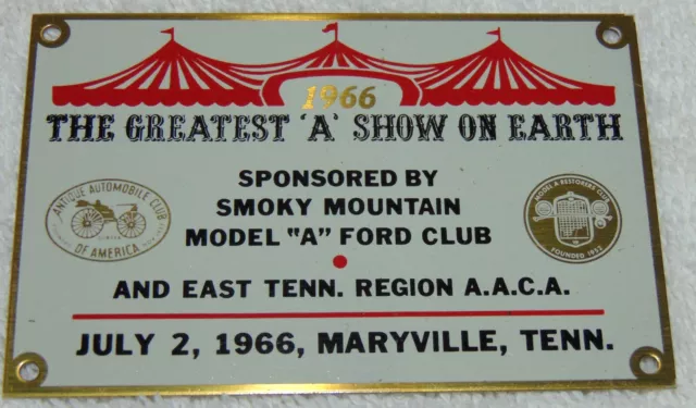MARYVILLE TN Antique Automobile MODEL A FORD 1966 Dash Plate Plaque SMOKY MTN