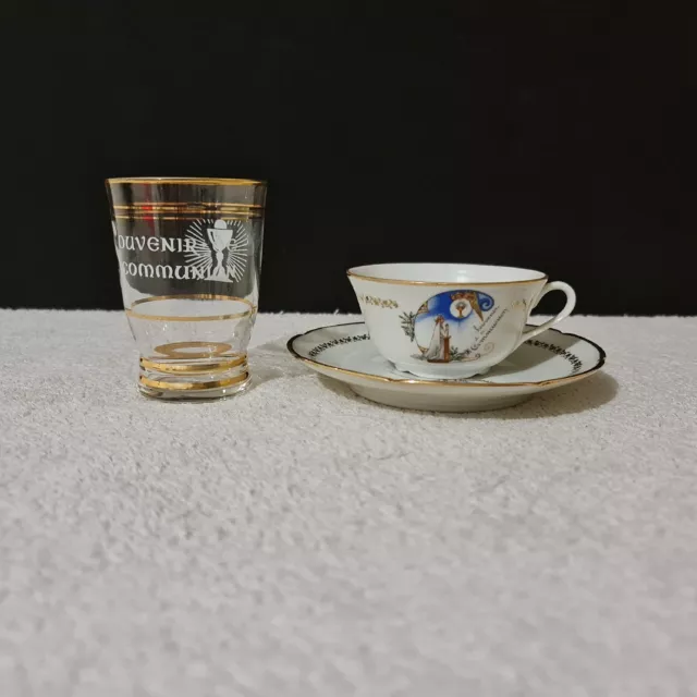 1 verre et tasse et sous-tasse en porcelaine "souvenirs de 1ére communion"