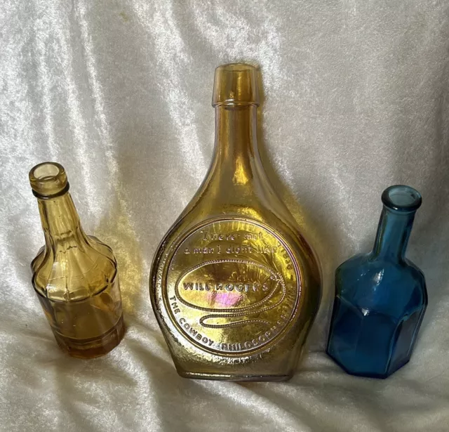 Vtg Wheaton Glass Bottles Special Edition Iridescent, Amber and Blue Lot of 3