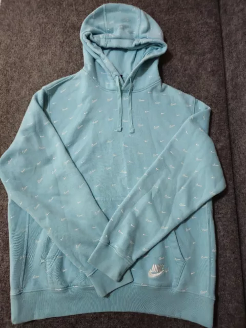 Nike All Over Print Swoosh Fleece Sweatshirt Pullover Blue Hoodie Size L