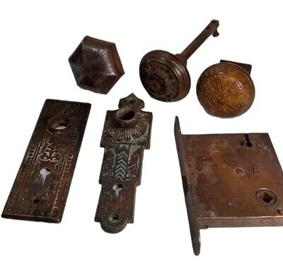 Russell Erwin Mortise Lock 3 Knobs 2 Plates 6 Piece Brass Lot USA c1889