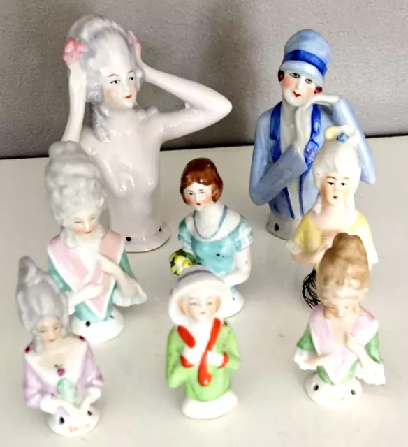 8 x Superb Antique Porcelain Dolls Half Body & Head Pin Cushions Art Deco Style