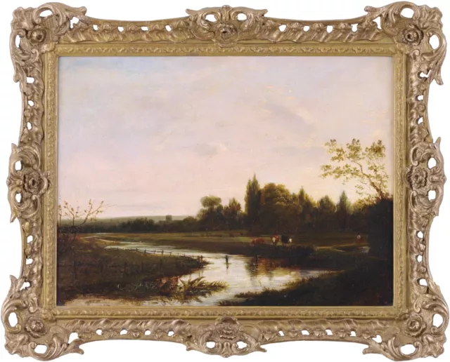 Cattle in a River Landscape Antique Oil Painting 19th Century British School