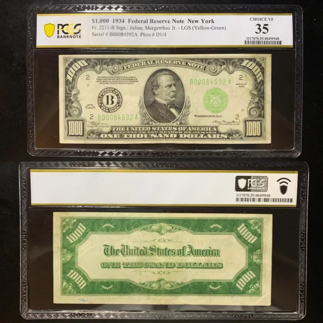 Rare 🟢LGS🟢 1934 $1000 Federal Reserve Note New York PCGS VF-35