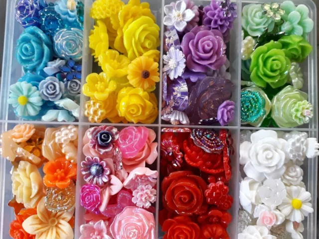 Craft Flowers Cabochons 50-100pcs Rainbow Mix Boxed Selection 70 Grams Lux Range