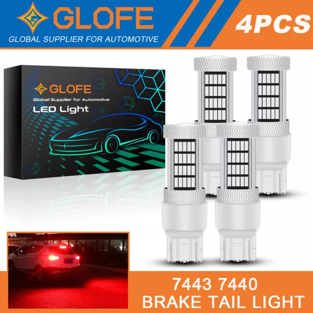 GLOFE 4x 7443 7440 92SMD Pure Red LED LED Brake Tail Light Bulbs Lamp T20 7444