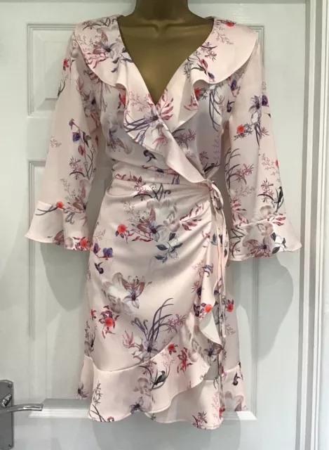 Lipsy 12 Nwot Floral Satin Ruffle Frill Tie Wrap Dress/Wedding/Evening/Occasion