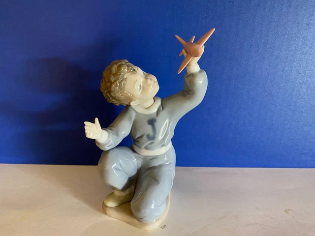 LLadro Boy With Airplane 1990 Porcelain 6 1/2" Tall Spain