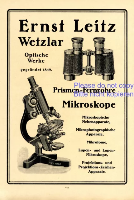 Optische Werke Leitz Wetzlar XL Reklame von 1918 Fernglas Feldstecher Mikroskop