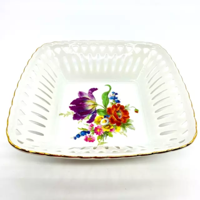 Weimar Germany Porcelain Candy Dish White Lattice Floral Pierced Square VTG