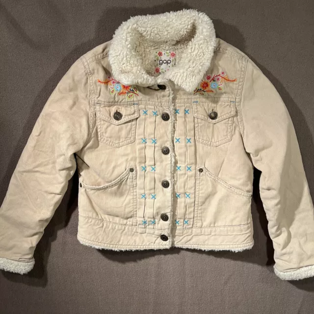 Gap Girl's Khaki Tan Corduroy Jacket Sherpa Lined Flower Embroidery Size S 6 - 7