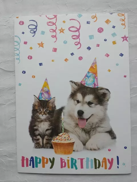 Malamute Puppy Fluffy Tabby Kitten FUN Happy Birthday Card Party Hats Child Dog