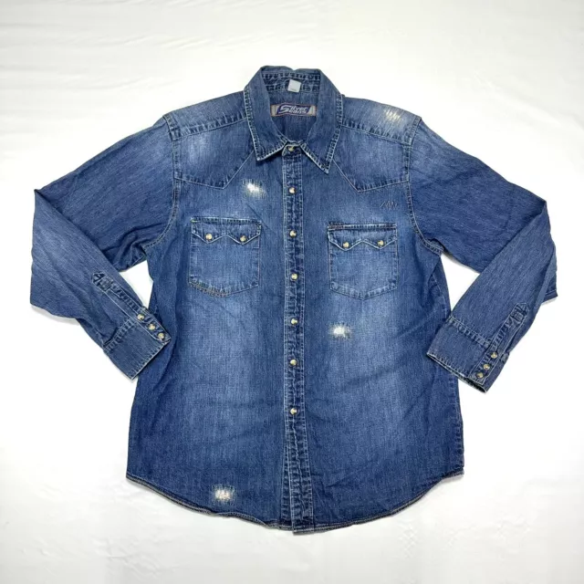 Vintage Levis Silver Tab Jean Denim Shirt Mens Large Pearl Snap 90s Distressed