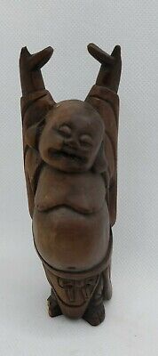 Vintage Happy Buddha Wood Carved Statue Laughing Hands Up Standing Fortune 4.75"