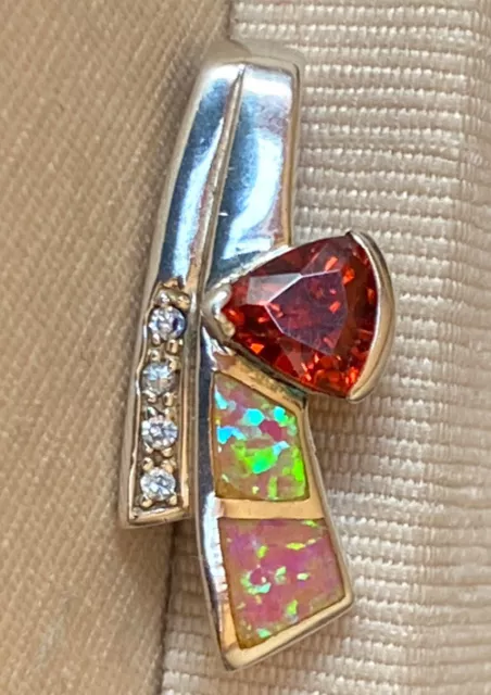 Contemporay Sterling Silver 925 Pendant Slide Opal Inlay Orange Clear Crystal