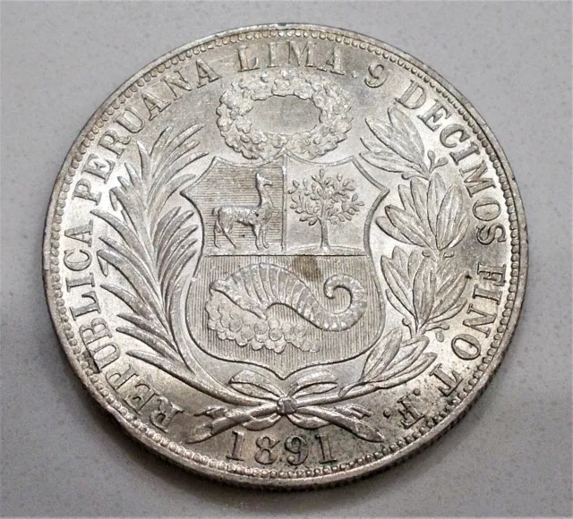 1891 Un Sol Peru Silver Coin! Au++/Bu Condition! White Luster!