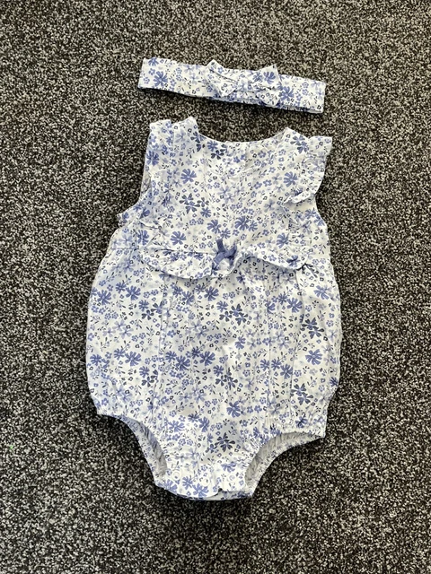 Baby Girls Pale Blue & White Floral Summer Romper Suit / Outfit 3-6 Months
