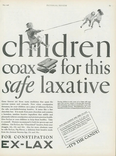 1928 Ex Lax Safe Candy Laxative Children Playing Tug Of War Vintage Print Ad PR4