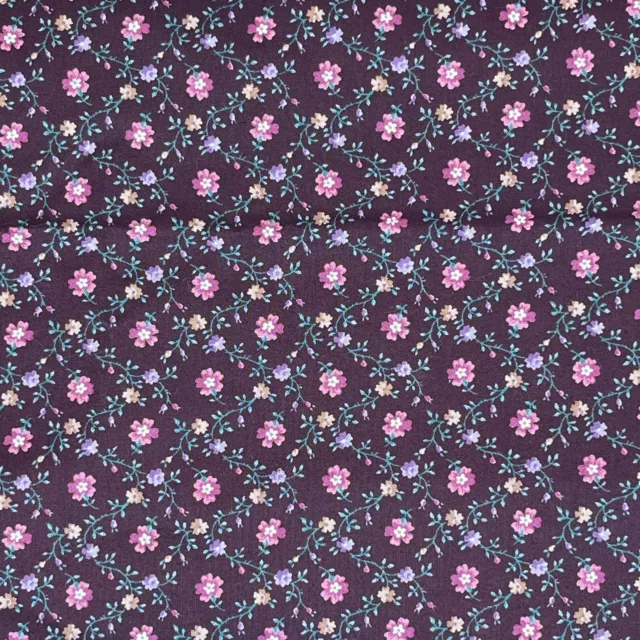 Vtg Cranston Floral Fabric Petite Flowers Cotton Wine Pink Purple Green 85"x 45" 3
