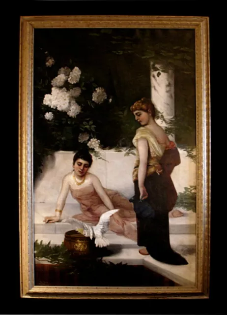 BEAUTIFUL ART NOUVEAU PAINTING, WOMEN / COCKATOO, FINE DETIAL SGN. DATED 19th C.