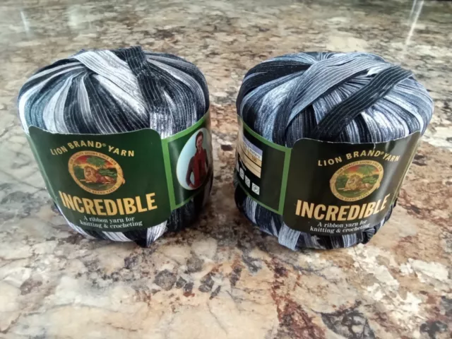 2 Lion Brand Incredible Vintage Ribbon Yarn 204 Accent on Black 1 3/4 oz each