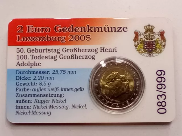2 Euro Gedenkmünze Luxemburg50.Geburtstag Henri 100. Todestag Adolphe Coin Card"